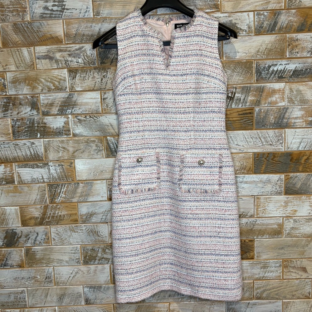 Karl Lagerfeld Pink, White, Tan & Blue Tweed Mini Dress. Size 2.  Good Condition